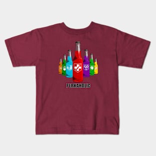 Zombie Perks in Triangle Perkaholic on Maroon Kids T-Shirt